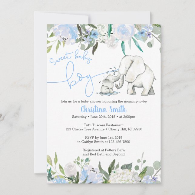 Elephant Baby Shower Invitations for a Boy (Front)