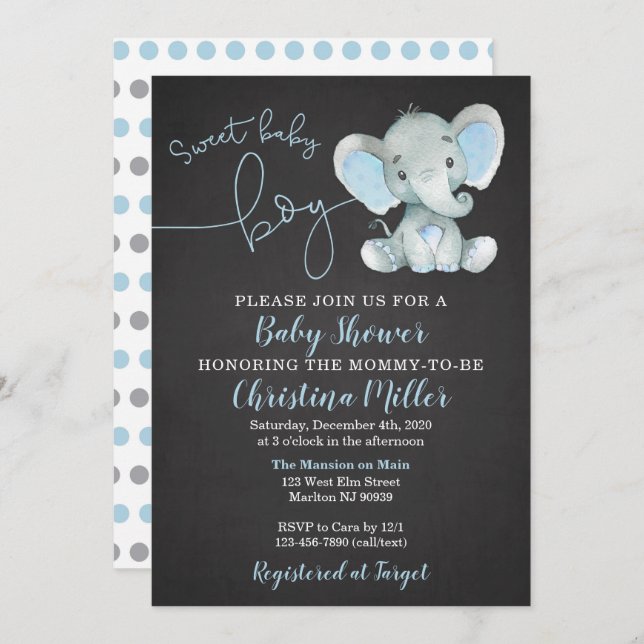 Elephant Baby Shower Invitations for a Boy (Front/Back)
