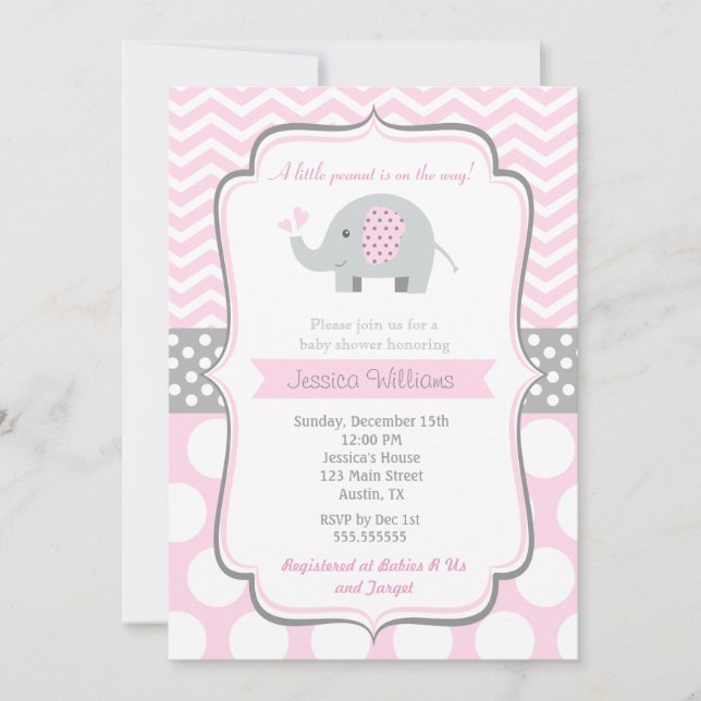 Elephant Baby Shower Invitations for Girl (Front)