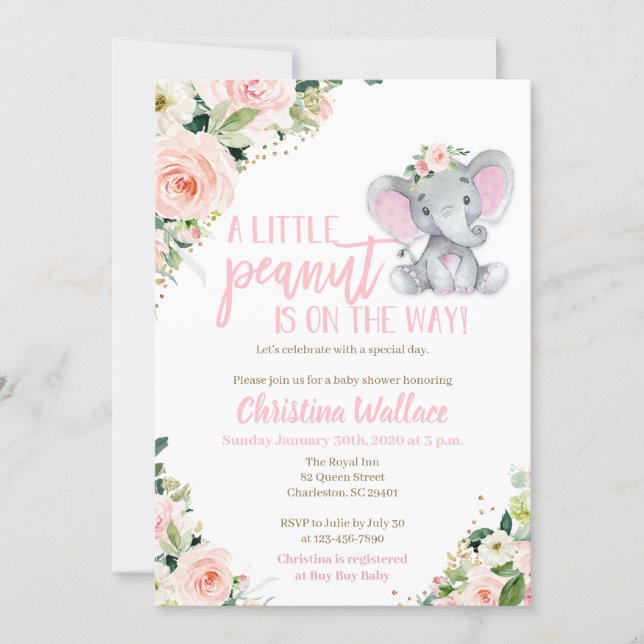 Elephant Baby Shower Invitations for Girls (Front)