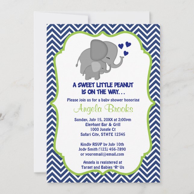 Elephant Baby Shower Invitations Navy Chevron (Front)