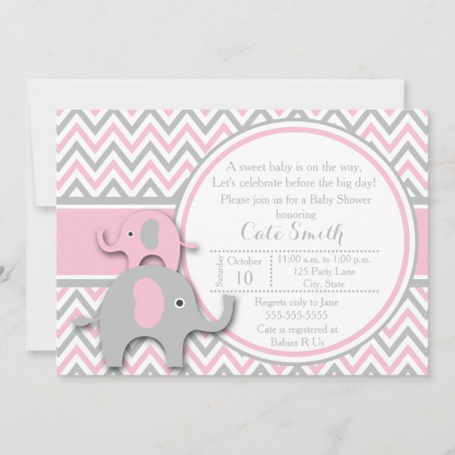 Elephant Baby Shower Invitations, Pink and Gray Invitation (Front)