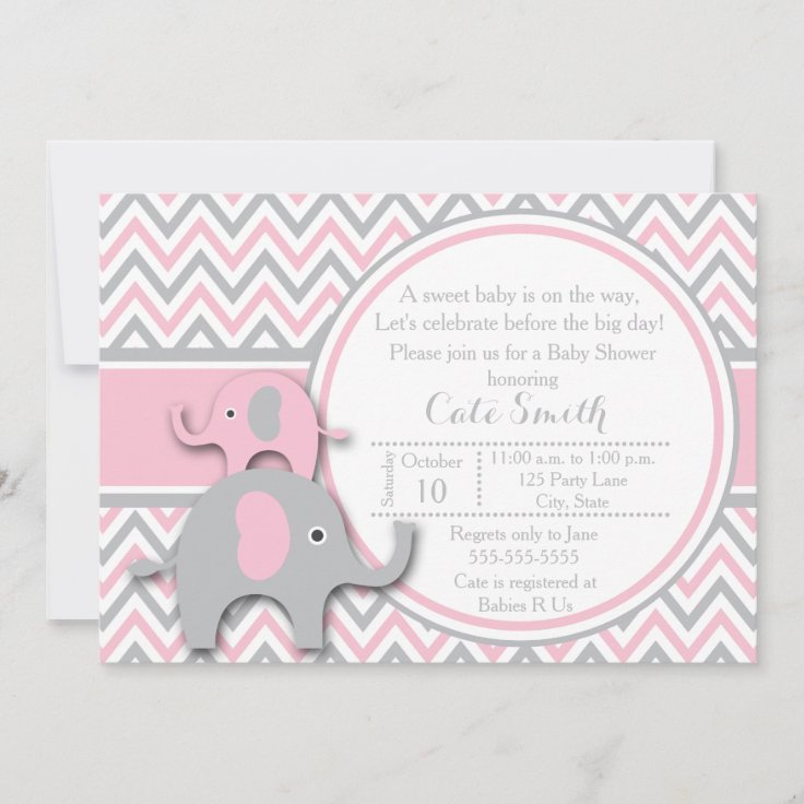 Elephant Baby Shower Invitations, Pink and Gray Invitation Zazzle