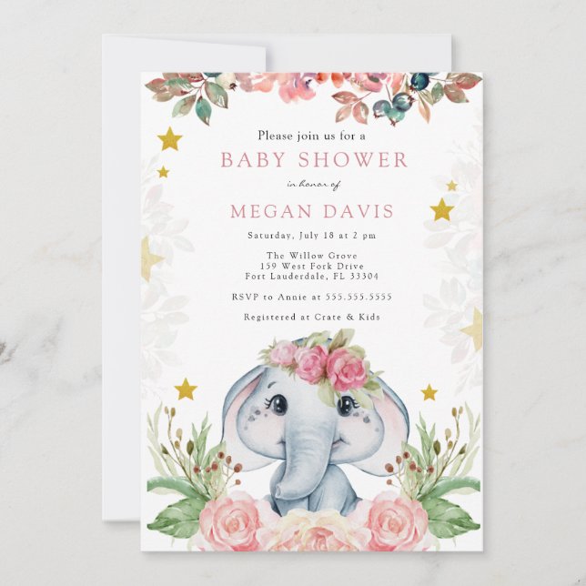 Elephant Baby Shower Invitations Pink Flower (Front)