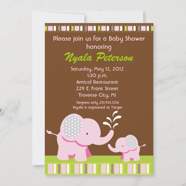 Elephant Baby Shower Invitations - Pink Girl (Front)