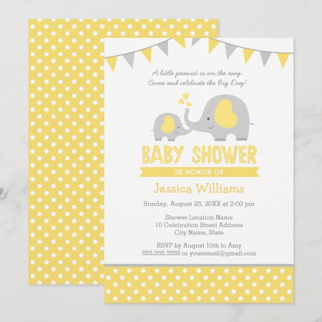 Elephant Baby Shower Invitations | Yellow and Gray (Front/Back)