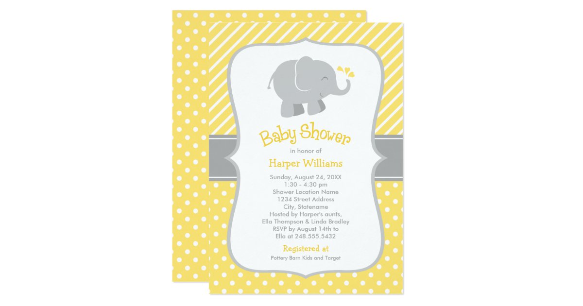 Elephant Baby Shower Invitations Yellow And Gray