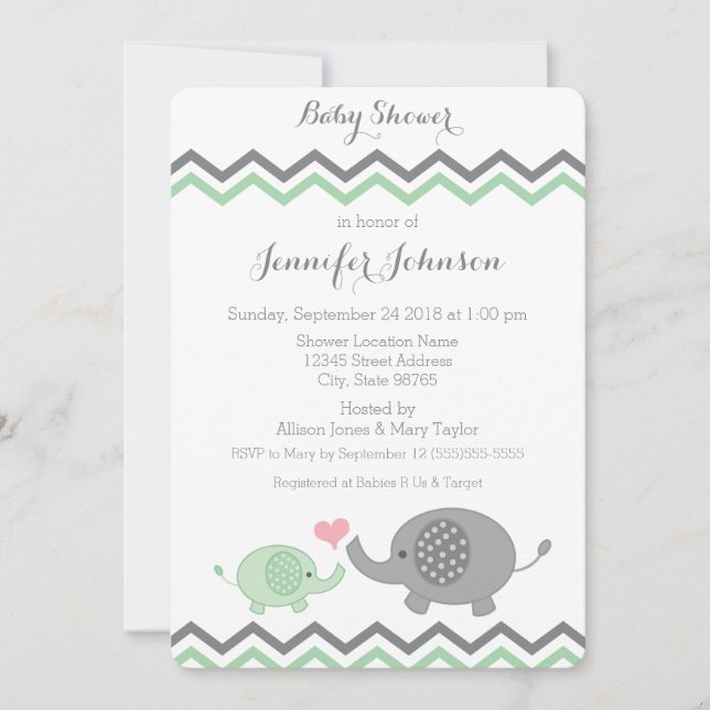 Elephant Baby Shower Invite | Green Gray Chevron (Front)