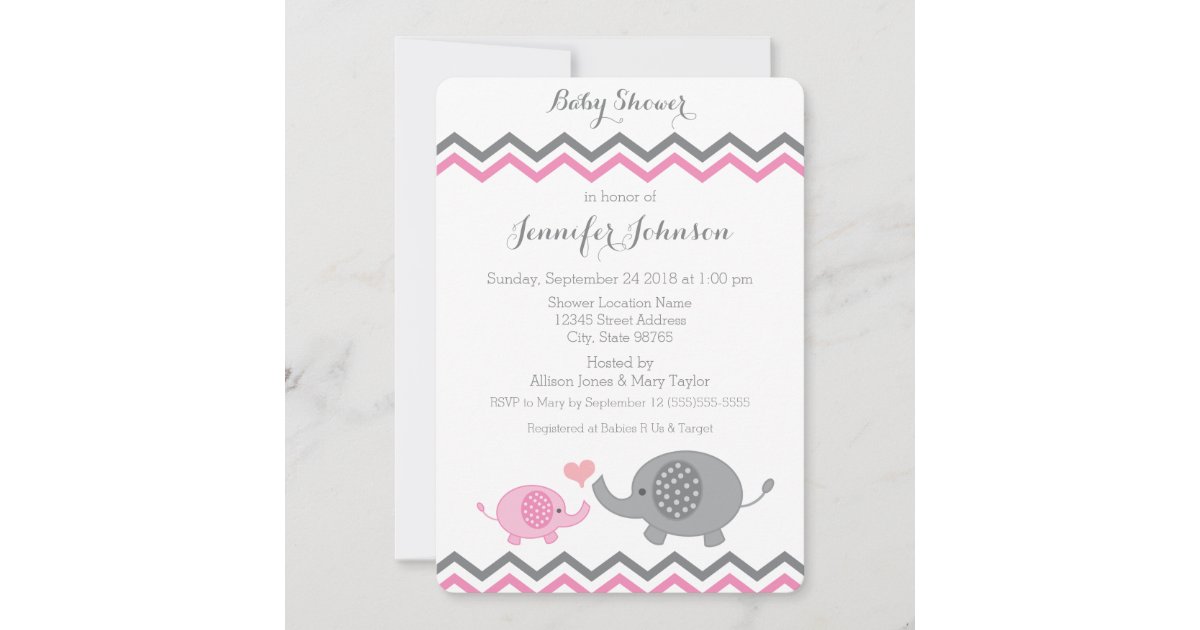 Elephant Baby Shower Invite | Pink Gray Chevron | Zazzle