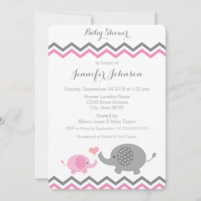 Elephant Baby Shower Invite | Pink Gray Chevron (Front)