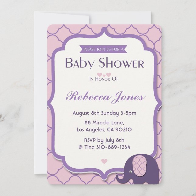 Elephant Baby Shower Invite Pink Purple Quatrefoil (Front)