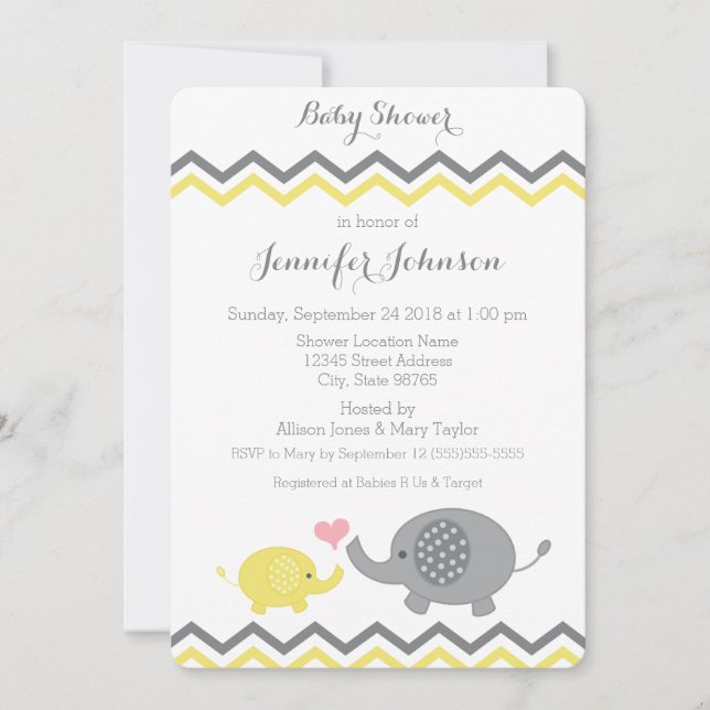 Elephant Baby Shower Invite | Yellow Gray Chevron (Front)