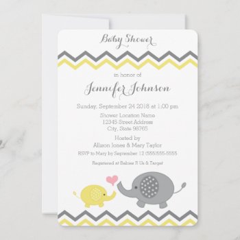 Elephant Baby Shower Invite | Yellow Gray Chevron by weddingsnwhimsy at Zazzle