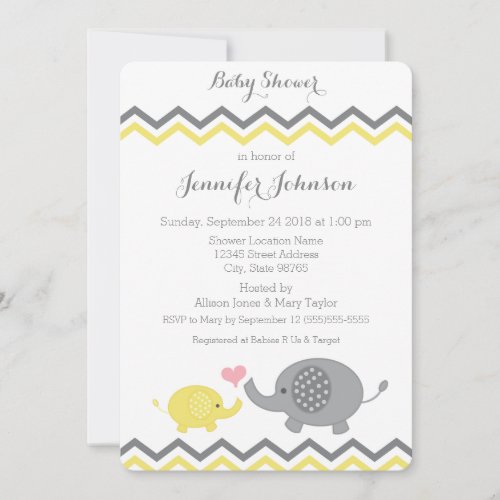 Elephant Baby Shower Invite  Yellow Gray Chevron