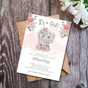 Elephant Baby Shower It's A Girl Invitation by lilanab2 at Zazzle