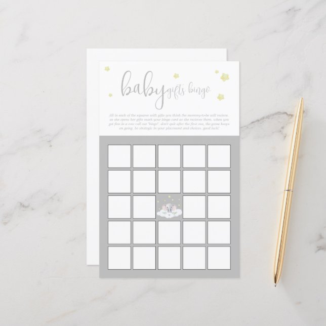 Elephant Baby Shower Light Grey Baby Bingo Game (Front/Back In Situ)