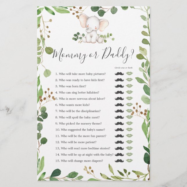Elephant Baby Shower Mommy or Daddy Game (Front)