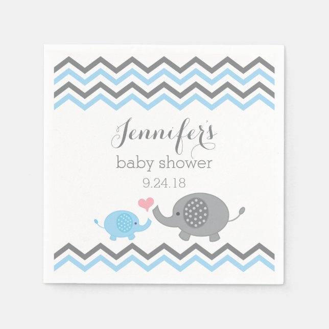 Elephant Baby Shower Napkins Blue Gray Chevron (Front)