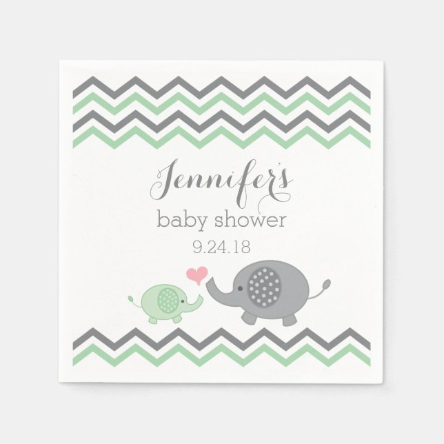 Elephant Baby Shower Napkins Green Gray Chevron (Front)