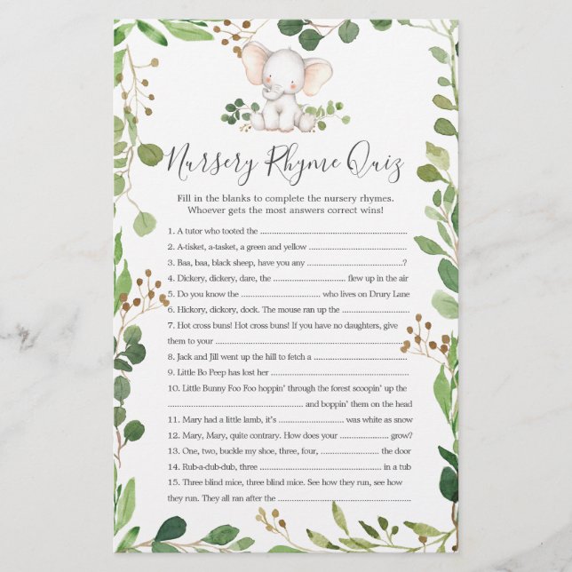 Elephant Baby Shower Nursery Rhyme Quiz Game (Front)