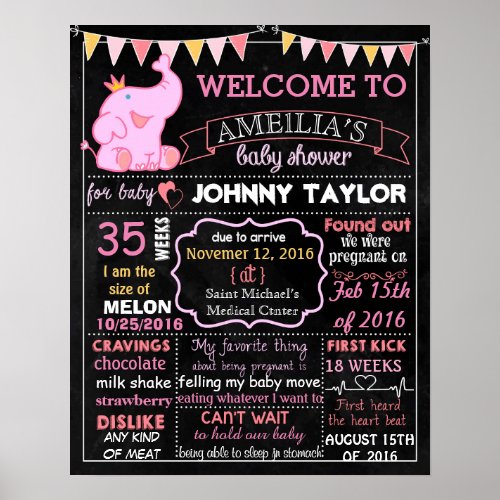 Elephant Baby Shower Party chalkboard sign Girl