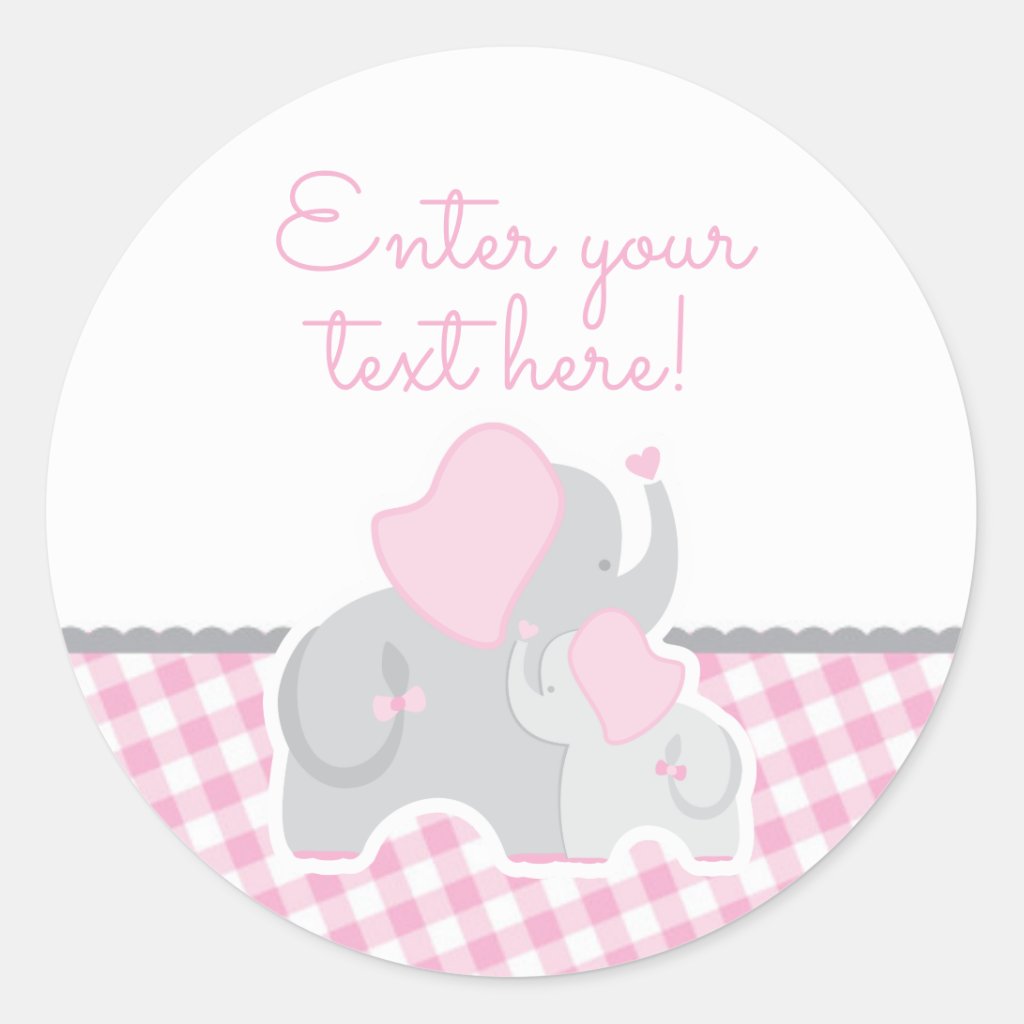 Elephant Baby Shower Pink and Gray Gingham Classic Round Sticker