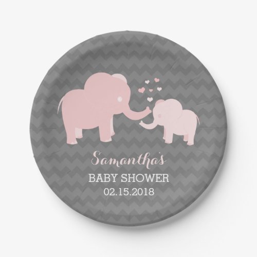 Elephant Baby Shower Pink and Grey Paper Plates
