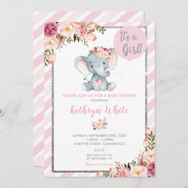 Elephant Baby Shower Pink and Silver Invitation (Front/Back)