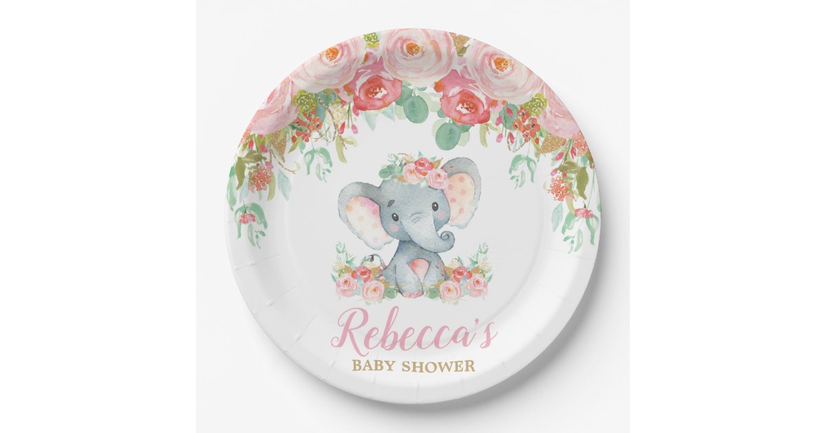 Elephant Baby Shower Pink Blush Floral Baby Girl Paper Plate Zazzle Com