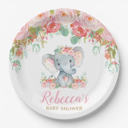 Elephant Baby Shower Pink Blush Floral Baby Girl Paper Plates