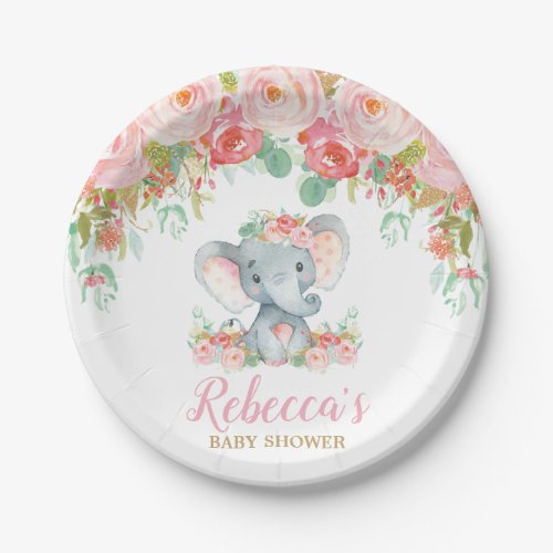 Elephant Baby Shower Pink Blush Floral Dessert 7 Paper Plates