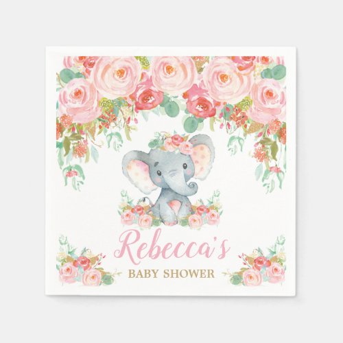 Elephant Baby Shower Pink Blush Floral Girl Small Napkins
