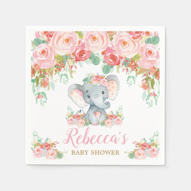 Elephant Baby Shower Pink Blush Floral Girl Small Napkins (Front)