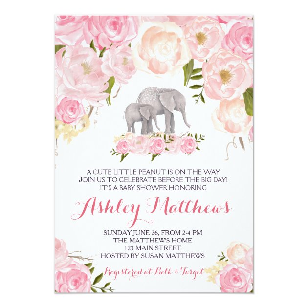 Elephant Baby Shower, Pink Floral Invitation