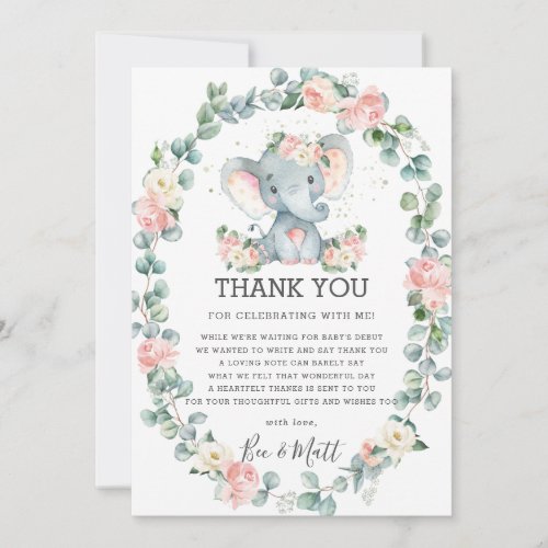 Elephant Baby Shower Pink Floral Greenery Girl Thank You Card