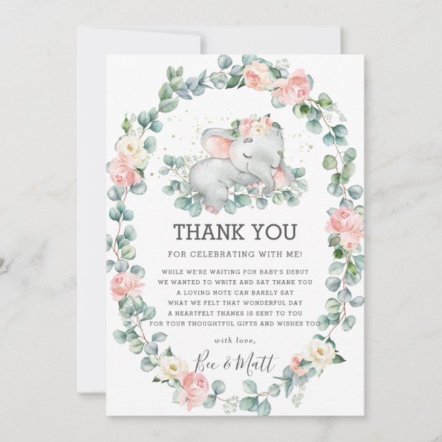 Elephant Baby Shower Pink Floral Greenery Girl Thank You Card (Front)