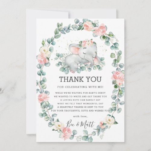 Elephant Baby Shower Pink Floral Greenery Girl Thank You Card