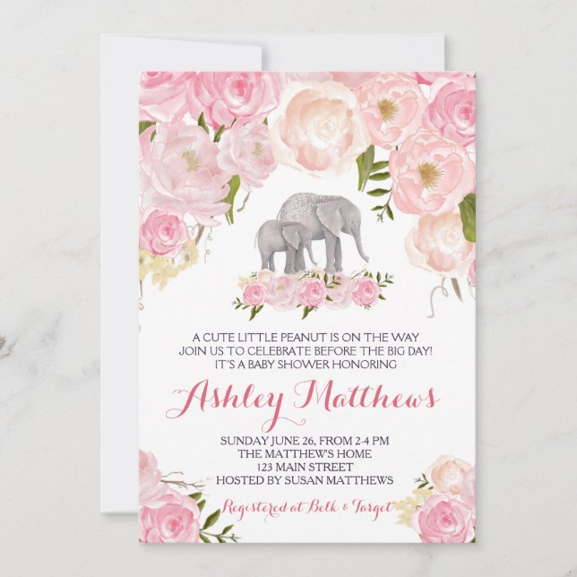 Elephant Baby Shower, pink floral Invitation (Front)