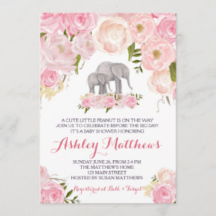 Elephant Baby Shower, pink floral Invitation