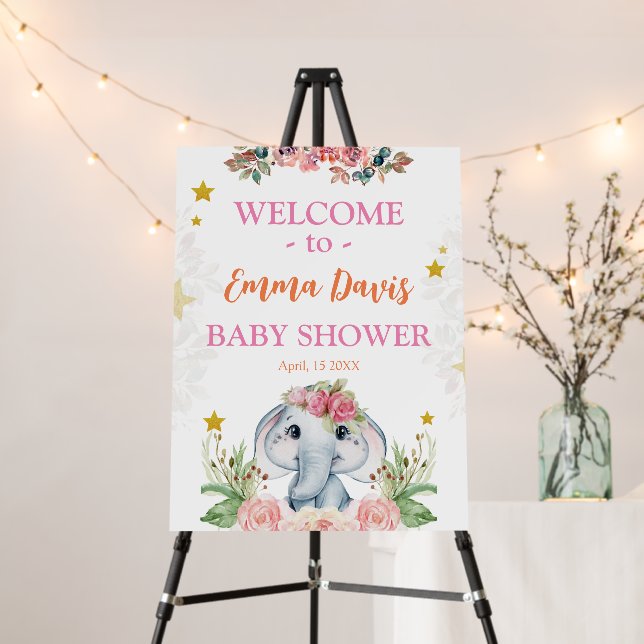 Elephant Baby Shower Pink Flower Welcome Sign (In Situ (Stand))