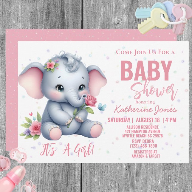 Elephant Baby Shower Pink Girl Jungle Safari Invitation (Creator Uploaded)