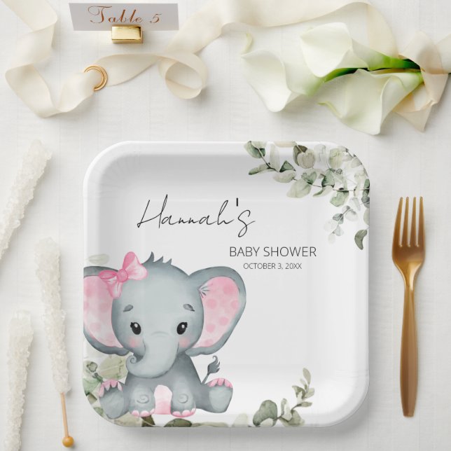 Elephant Baby Shower Pink Girl's Paper Plates (Wedding)