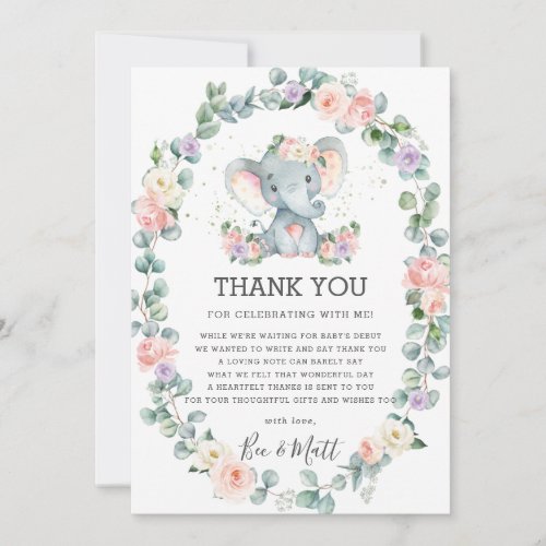 Elephant Baby Shower Pink Purple Floral Greenery Thank You Card