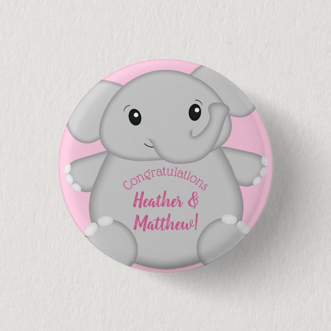 Elephant Baby Shower Pink Safari Girl Button (Front)