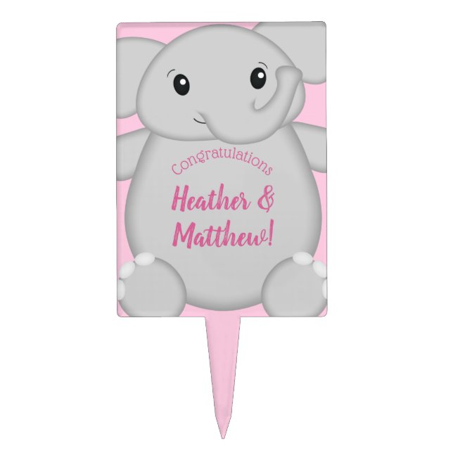 Elephant Baby Shower Pink Safari Girl Cake Topper (Front)