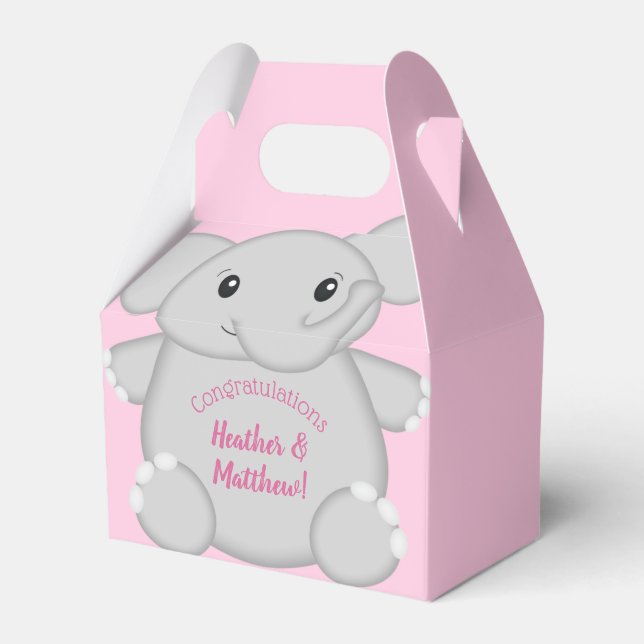 Elephant Baby Shower Pink Safari Girl Favor Boxes (Front Side)