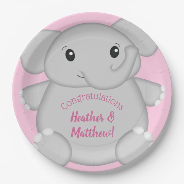 Elephant Baby Shower Pink Safari Girl Paper Plates (Front)