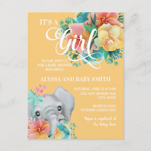 Elephant Baby Shower Pink Yellow Teal Floral Postcard