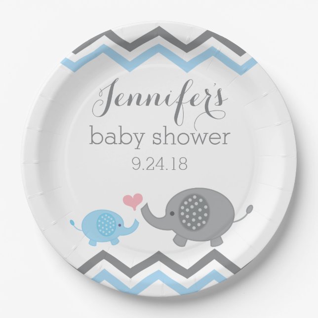 Elephant Baby Shower Plates | Blue Gray Chevron (Front)