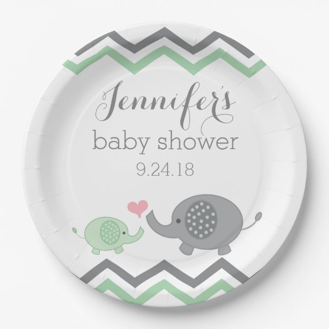 Elephant Baby Shower Plates | Green Gray Chevron (Front)